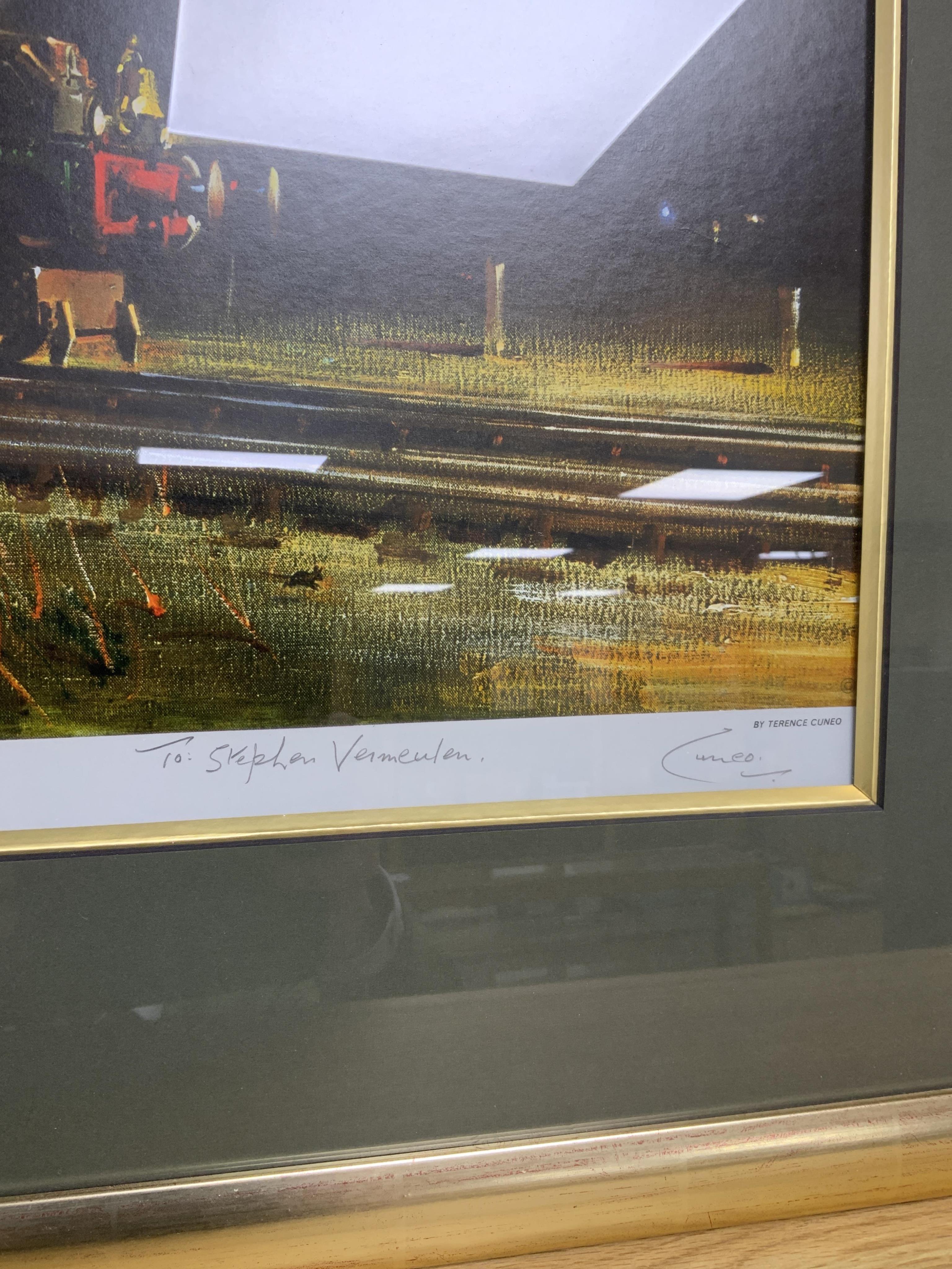 Terrence Cuneo, a signed framed railway print; ‘Night King’, of GWR King class 4-6-0 tender locomotive, King George V, running at night, signed in pencil with dedication within the margin, overall dimensions; 73.5 x 115.